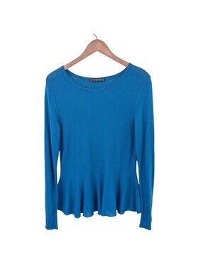 PERUVIAN CONNECTION Sweater Peplum Sheer Pullover Womens Medium Blue X867